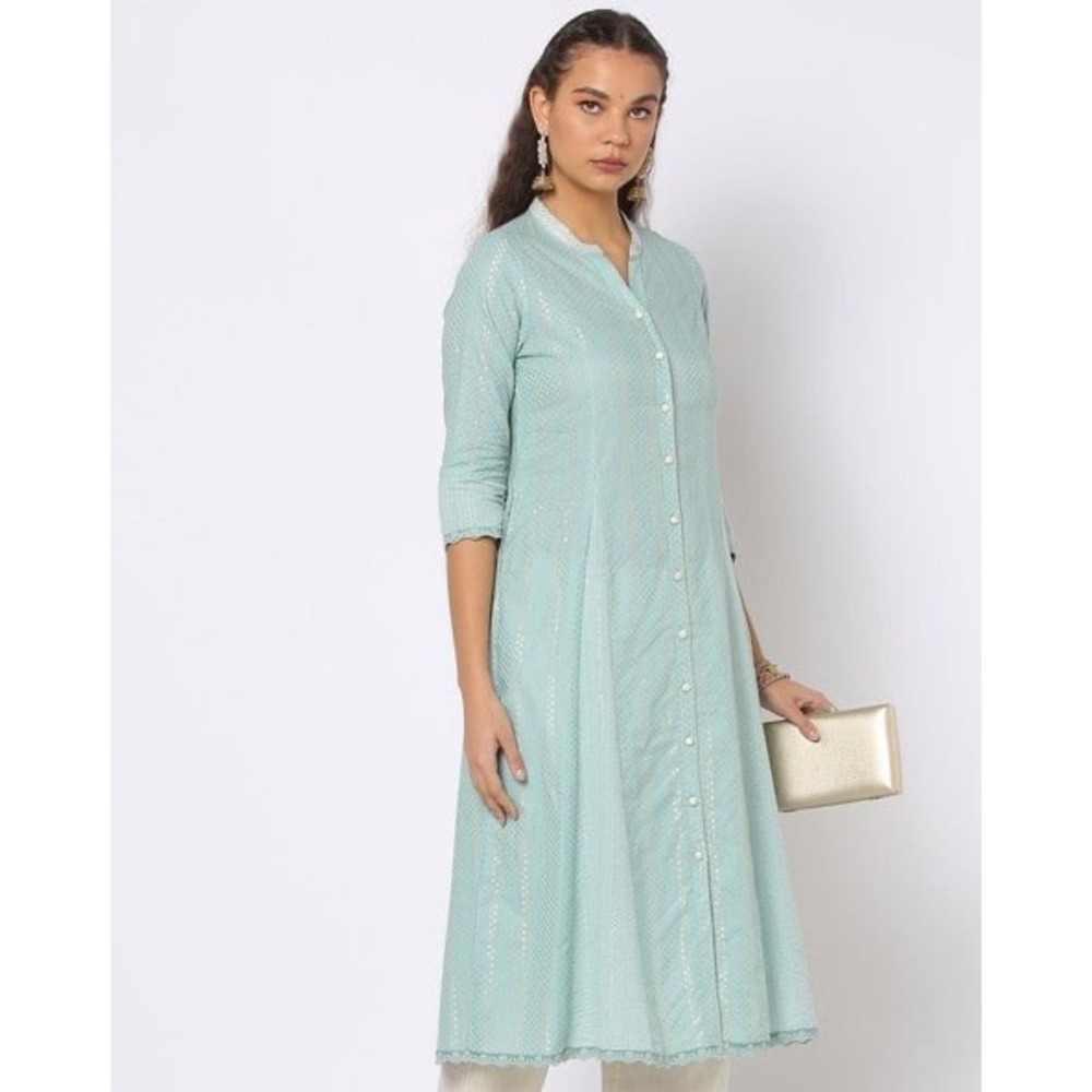 Avaasa Womens Blue Metallic Stripe Cotton Linen Kurta Tunic Top XL Mandarin Neck